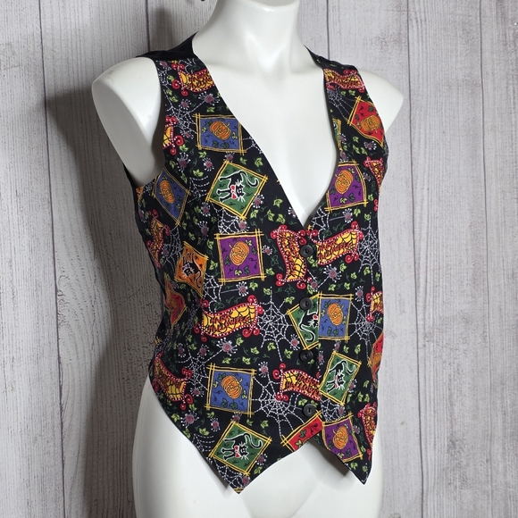 VTG 90s Y2K Halloween Vest Black Cats Pumpkins Cobwebs Basic Editions, sz Small - Picture 1 of 5
